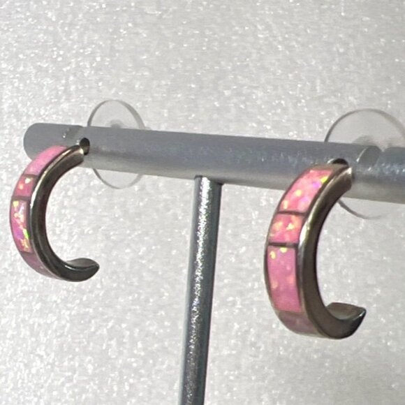 Vtg 90s Silver Pink Lab Opal Inlay Hoop Earrings 925 Huggies Southwestern Artisa - Picture 8 of 9
